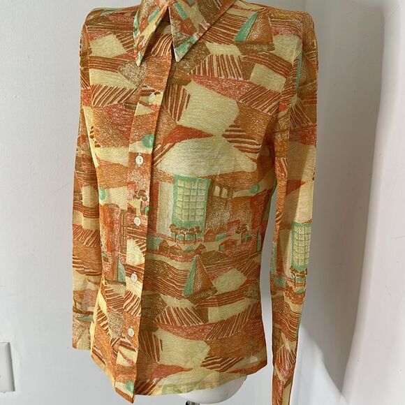Vintage 70s Sailboat Sunrise Dagger Collar Disco Blouse - Picture 2 of 8
